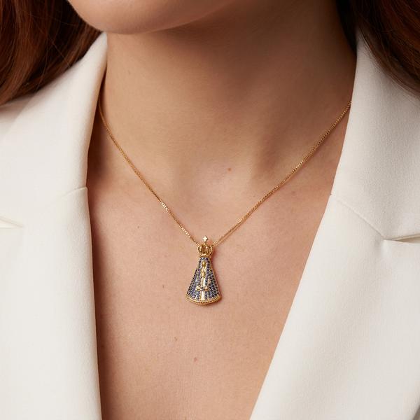 COLAR NOSSA SENHORA AZUL MÉDIO OURO BANHADO