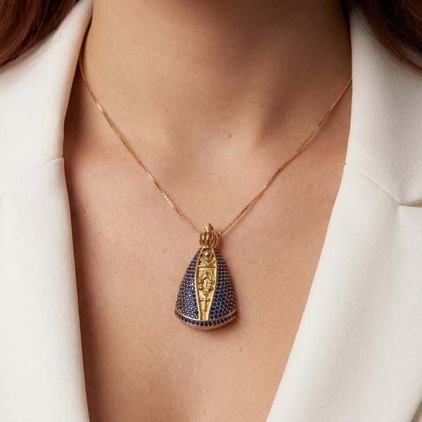COLAR NOSSA SENHORA AZUL GRANDE OURO BANHADO